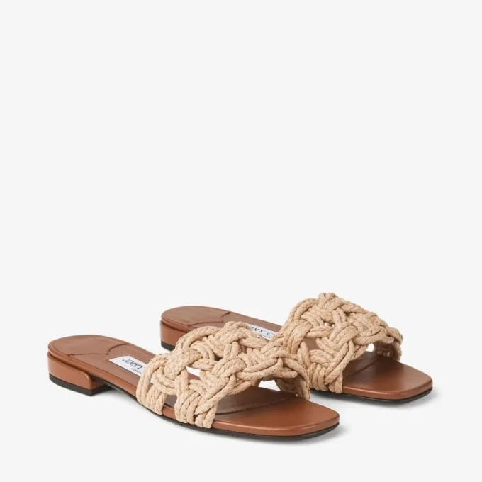 Chara Flat Tan läder- och virkad raffia-sandaler Chara Flat Tan läder- och virkad raffia-sandaler