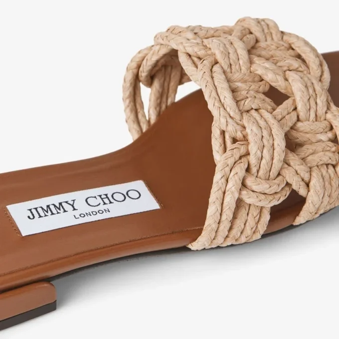 Chara Flat Tan läder- och virkad raffia-sandaler Chara Flat Tan läder- och virkad raffia-sandaler
