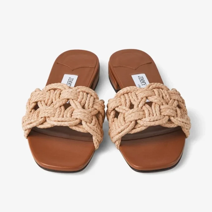 Chara Flat Tan läder- och virkad raffia-sandaler Chara Flat Tan läder- och virkad raffia-sandaler