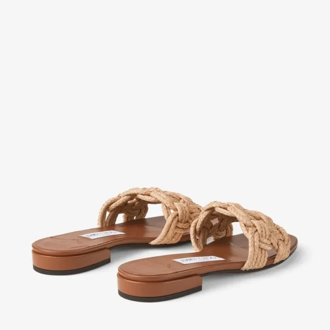 Chara Flat Tan läder- och virkad raffia-sandaler Chara Flat Tan läder- och virkad raffia-sandaler