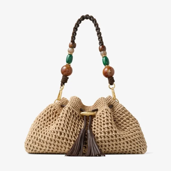 Cinch Medium natur- och chokladfärgad axelväska i virkad raffia med flätad rem