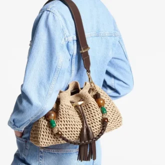 Cinch Medium natur- och chokladfärgad axelväska i virkad raffia med flätad rem