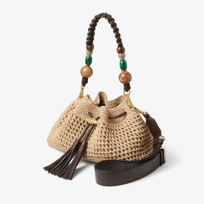 Cinch Medium natur- och chokladfärgad axelväska i virkad raffia med flätad rem