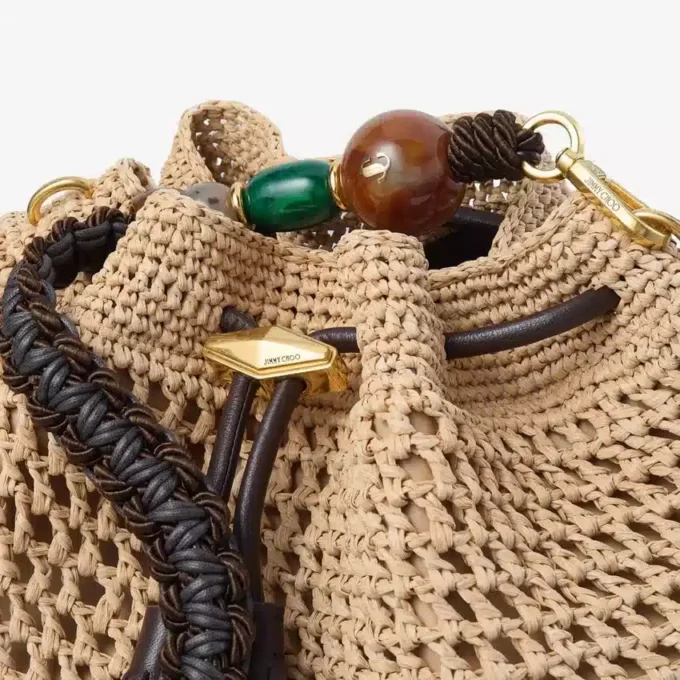 Cinch Medium natur- och chokladfärgad axelväska i virkad raffia med flätad rem