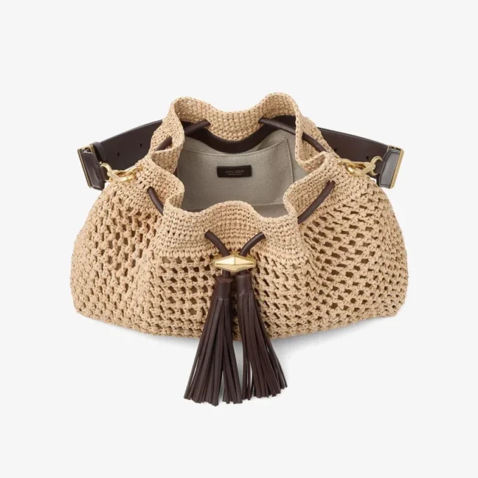 Cinch Medium natur- och chokladfärgad axelväska i virkad raffia med flätad rem