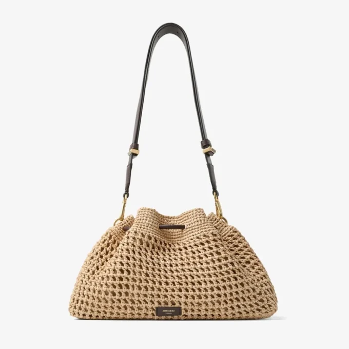 Cinch Medium natur- och chokladfärgad axelväska i virkad raffia med flätad rem