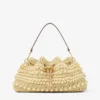 Cinch Medium naturfärgad och cappuccinofärgad raffia-bucketväska med pärlor och slätt kalvskinn Cinch Medium naturfärgad och cappuccinofärgad raffia-bucketväska med pärlor och slätt kalvskinn