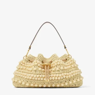 Cinch Medium naturfärgad och cappuccinofärgad raffia-bucketväska med pärlor och slätt kalvskinn