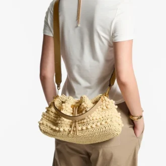 Cinch Medium naturfärgad och cappuccinofärgad raffia-bucketväska med pärlor och slätt kalvskinn