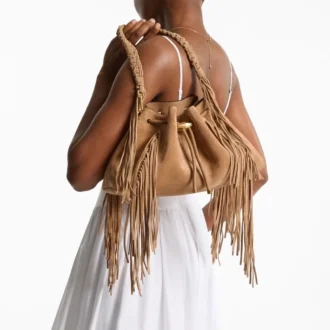 Cinch Medium Toffee Suede Shoulder Bag with Fringes