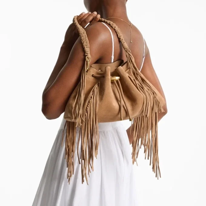 Cinch Medium Toffee Suede Shoulder Bag with Fringes Cinch Medium Toffee Suede Shoulder Bag with Fringes