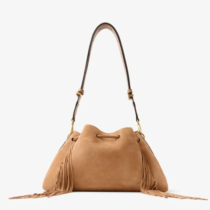 Cinch Medium Toffee Suede Shoulder Bag with Fringes Cinch Medium Toffee Suede Shoulder Bag with Fringes