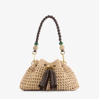 Cinch Small natur- och chokladfärgad axelväska i virkad raffia med flätad rem