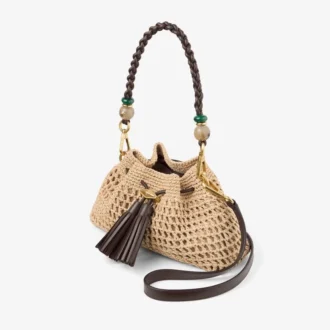 Cinch Small natur- och chokladfärgad axelväska i virkad raffia med flätad rem