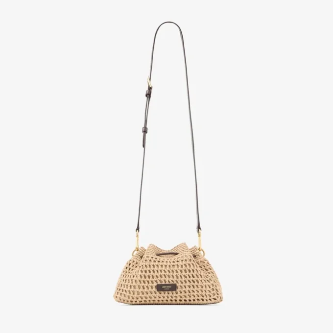 Cinch Small natur- och chokladfärgad axelväska i virkad raffia med flätad rem
