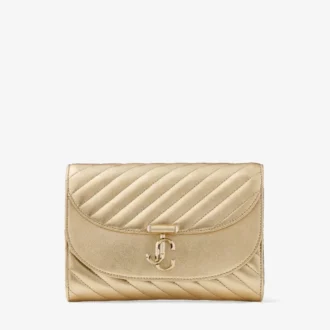 Curve Clutch Glänsande guldfärgad quiltad metallisk läderclutch med kedja