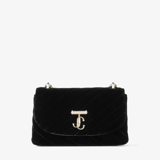 Curve Cross Body Small Svart quiltad crossbody-väska i sammet med kristall-Jc-bar Curve Cross Body Small Svart quiltad crossbody-väska i sammet med kristall-Jc-bar