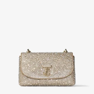 Curve Crossbody Small – guldskimrande crossbody-väska i mocka med hotfix-kristaller