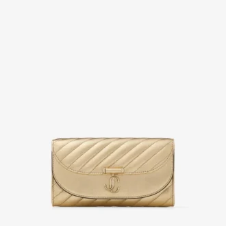 Curve-plånbok med kedja Glänsande guld Quiltad metallisk läderclutch