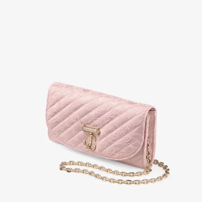 Curve-plånbok med kedja Rose Quilted jimmy choo Lace-plånbokskedja med kristall-JC-bar Curve-plånbok med kedja Rose Quilted jimmy choo Lace-plånbokskedja med kristall-JC-bar