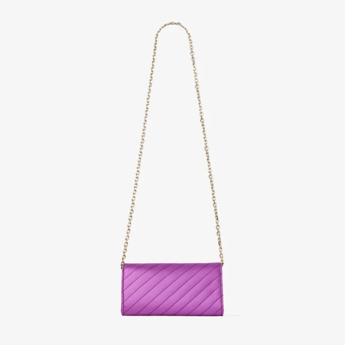 Curve-plånbok med kedja Violett orkidé Quiltad satinplånbokskedja med kristall-JC-bar Curve-plånbok med kedja Violett orkidé Quiltad satinplånbokskedja med kristall-JC-bar