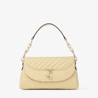 Curve Top Handle Buttermilk Quilted Biker Leather Shoulder Bag with Pearl Detail