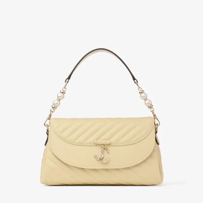 Curve Top Handle Buttermilk Quilted Biker Leather Shoulder Bag with Pearl Detail