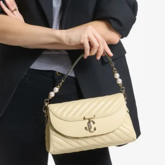 Curve Top Handle Buttermilk Quilted Biker Leather Shoulder Bag with Pearl Detail