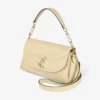 Curve Top Handle Buttermilk Quilted Biker Leather Shoulder Bag with Pearl Detail