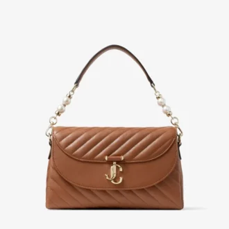 Curve Top Handle Tan Quilted Biker Leather Top Handle Bag med pärldetaljer