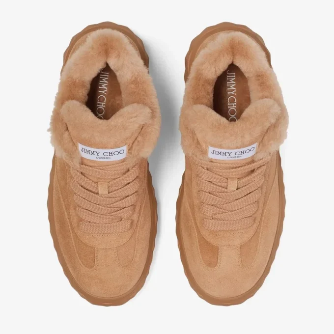 Diamond Maxi Retro M Toffee-färgade låga sneakers i sammet och mocka med shearling