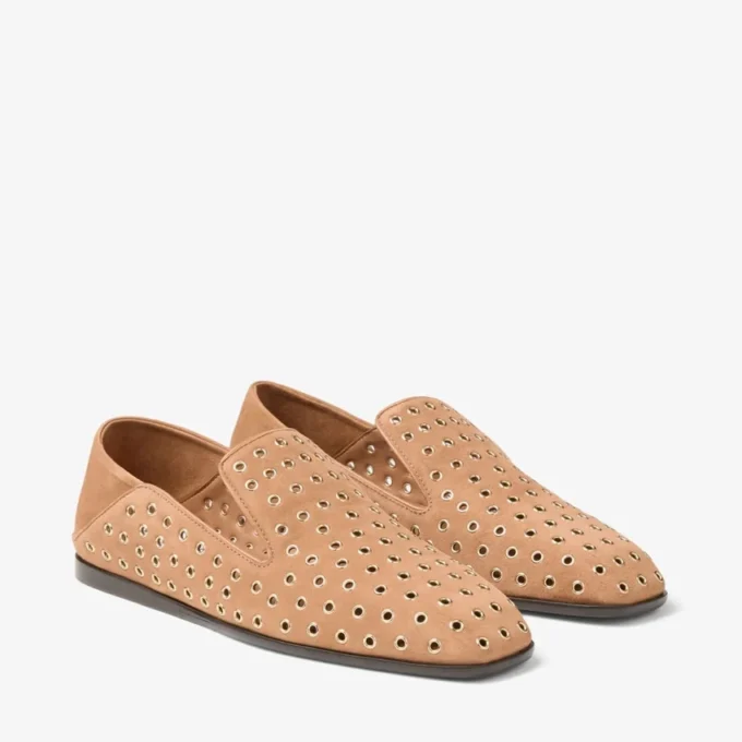 Eliot Slipper F Toffee-färgade mockaslippers med öljetter