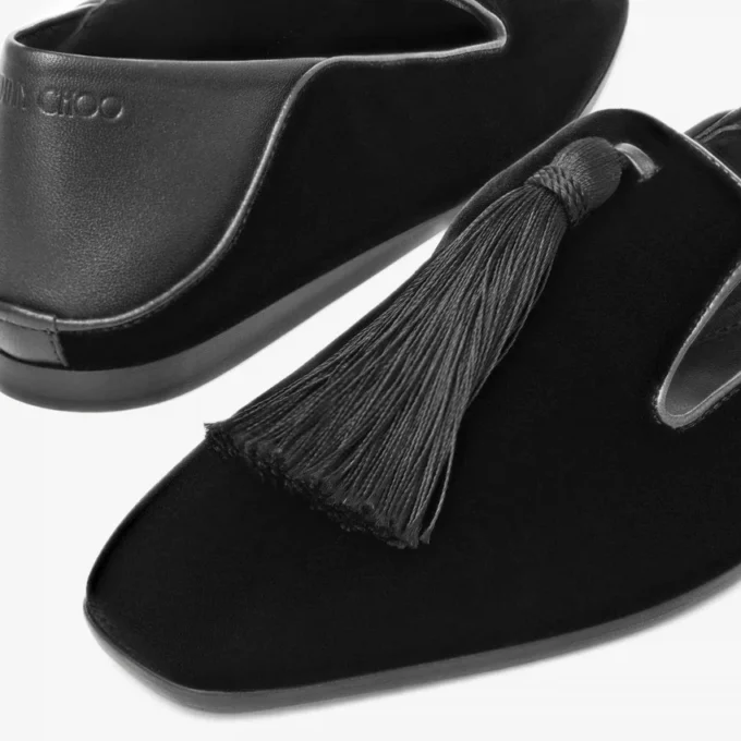 Eliot Slipper Svarta tofflor i sammet med tofs