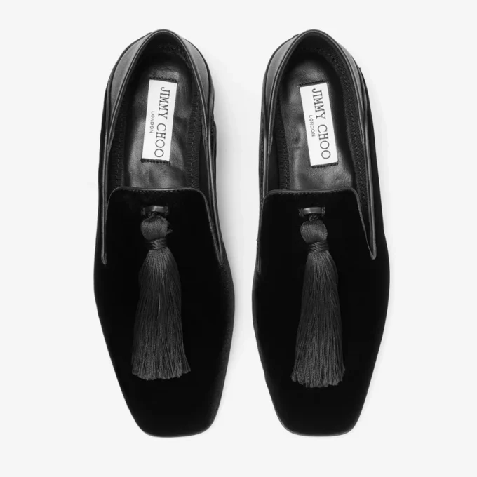 Eliot Slipper Svarta tofflor i sammet med tofs