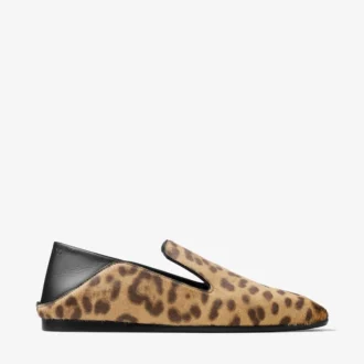Eliot-tofflor i naturligt ponyläder med leopardmönster