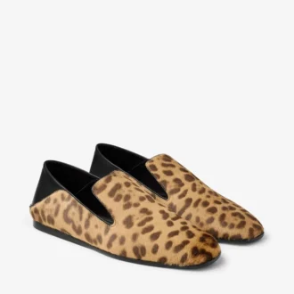 Eliot-tofflor i naturligt ponyläder med leopardmönster