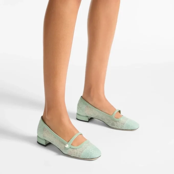 Elisa Ballerina Verde Jimmy Choo-spets och Spazzolato-ballerinapumps