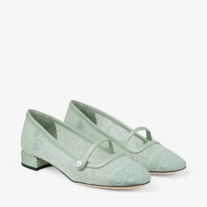 Elisa Ballerina Verde Jimmy Choo-spets och Spazzolato-ballerinapumps