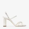 Elsy Block Heel 85 sandaler i elfenbensfärgad satin med kristallprydd spänne