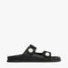 Fayence-sandal Svarta platta sandaler i läder med pärldekoration Fayence-sandal Svarta platta sandaler i läder med pärldekoration