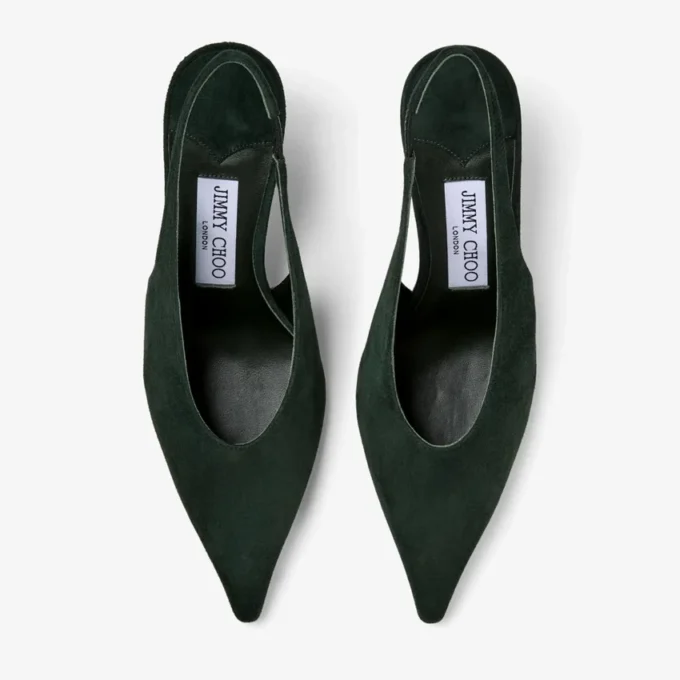 Isa 80 Slingbacks i brittiskt grönt mocka med prickiga klackar Isa 80 Slingbacks i brittiskt grönt mocka med prickiga klackar