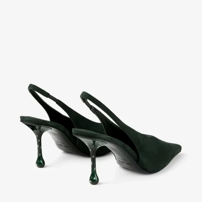 Isa 80 Slingbacks i brittiskt grönt mocka med prickiga klackar Isa 80 Slingbacks i brittiskt grönt mocka med prickiga klackar