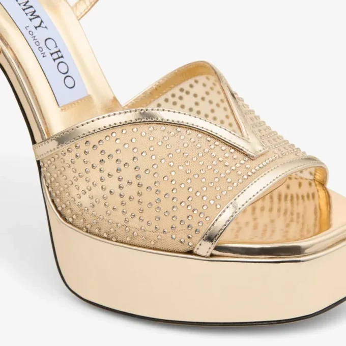 Karli Platform 125 Sandaler i guldillusion-kristallnät och läder i flytande metall Karli Platform 125 Sandaler i guldillusion-kristallnät och läder i flytande metall
