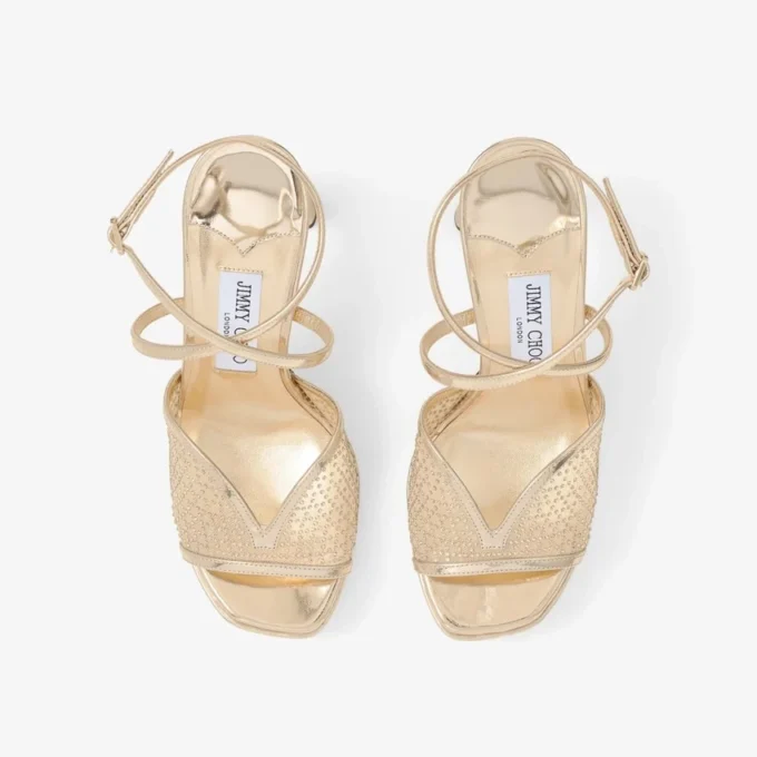 Karli Platform 125 Sandaler i guldillusion-kristallnät och läder i flytande metall Karli Platform 125 Sandaler i guldillusion-kristallnät och läder i flytande metall