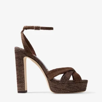 Kove 120 plattformssandaler i fin raffia i chokladbrunt och beige