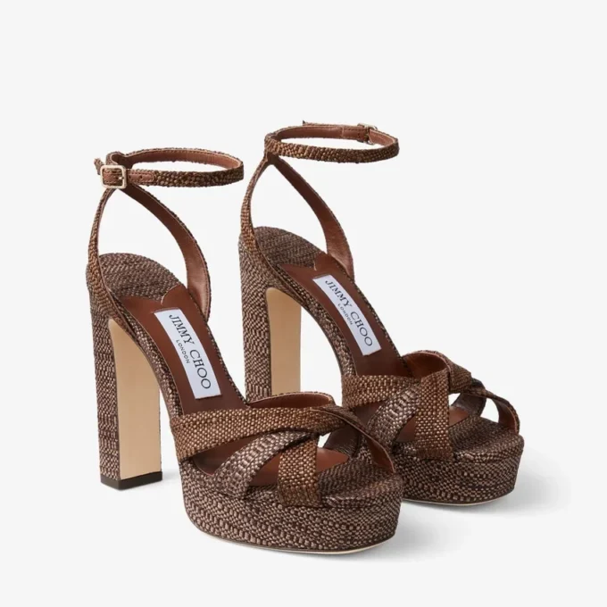 Kove 120 plattformssandaler i fin raffia i chokladbrunt och beige Kove 120 plattformssandaler i fin raffia i chokladbrunt och beige