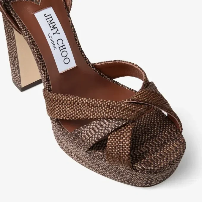 Kove 120 plattformssandaler i fin raffia i chokladbrunt och beige Kove 120 plattformssandaler i fin raffia i chokladbrunt och beige