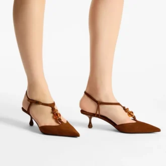 Lauri 50 Slingbacks i tanfärgat mocka med pärlor