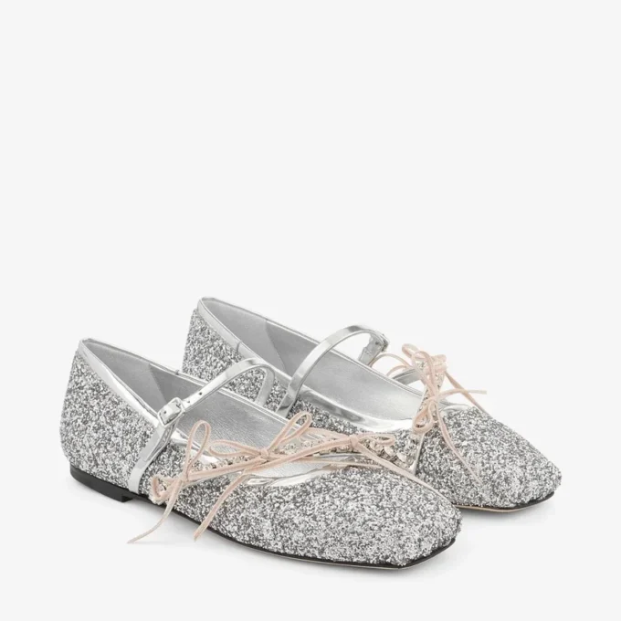 Loli Ballerina Silver och Macaron Powder Glitter Ballerinaskor i tyg med satinrosetter Loli Ballerina Silver och Macaron Powder Glitter Ballerinaskor i tyg med satinrosetter
