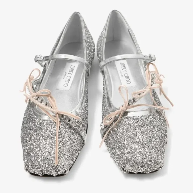 Loli Ballerina Silver och Macaron Powder Glitter Ballerinaskor i tyg med satinrosetter Loli Ballerina Silver och Macaron Powder Glitter Ballerinaskor i tyg med satinrosetter
